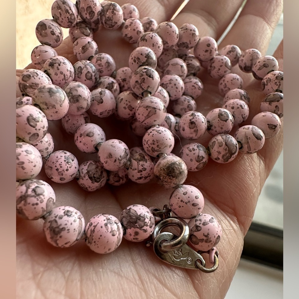 Pink Speckled Beaded Necklace | Knotted Ceramic Style Beads | Artisan Look - Picture 8 of 10